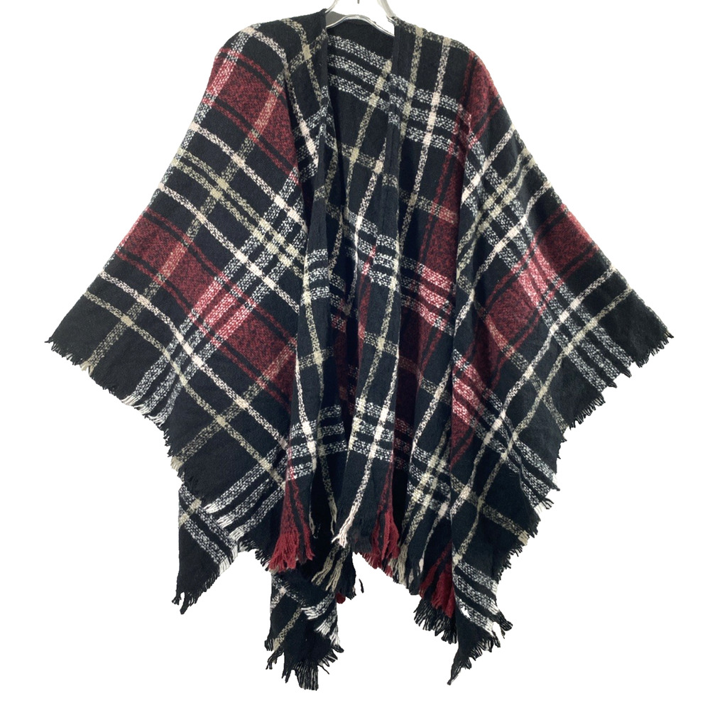 Womens Poncho Wrap One Size Black Burgundy Plaid Boho Fringe Soft Feel Festival‎